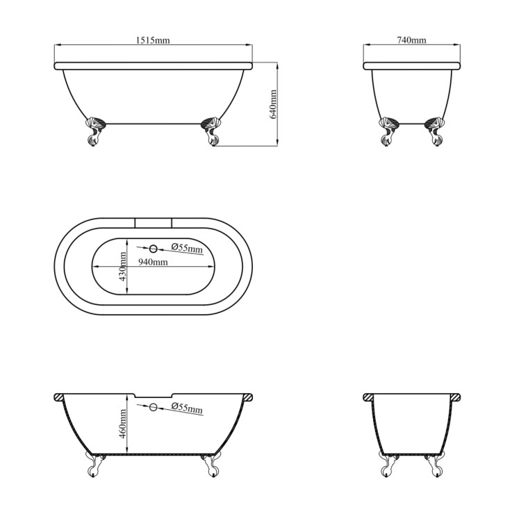 Freestanding Double Ended Roll Top Bath with Chrome Feet 1515 x 740mm - Park Royal