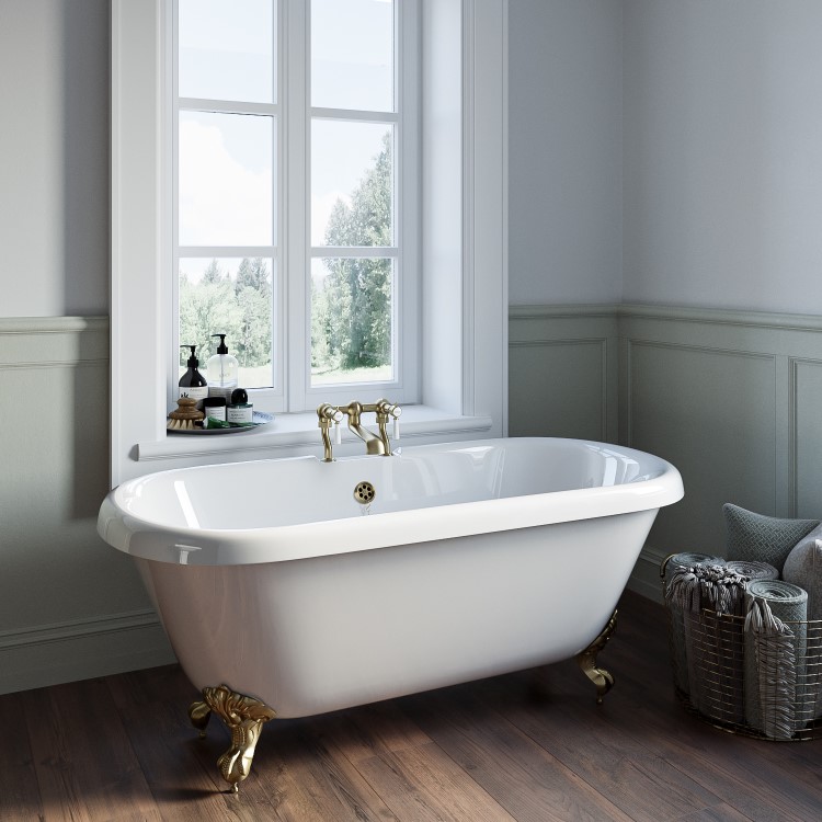 Freestanding Double Ended Roll Top Bath with Brushed Brass Feet 1515 x 740mm - Park Royal