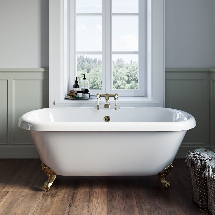 Freestanding Double Ended Roll Top Bath with Brushed Brass Feet 1515 x 740mm - Park Royal