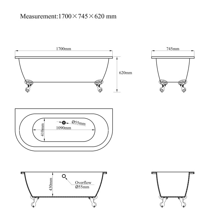 Freestanding Double Ended Back to Wall Bath with Chrome Feet 1700 x 745mm - Park Royal