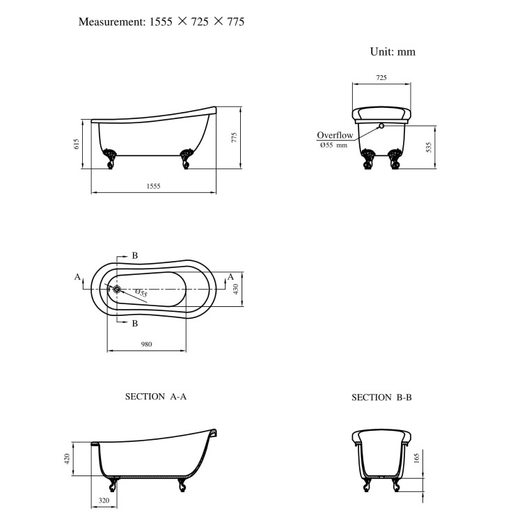 Freestanding Single Ended Roll Top Slipper Bath with Chrome Feet 1555 x 725mm - Park Royal