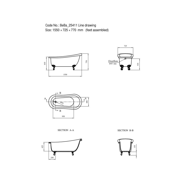 Freestanding Single Ended Roll Top Slipper Bath with Brushed Brass Feet 1550 x 725mm - Park Royal