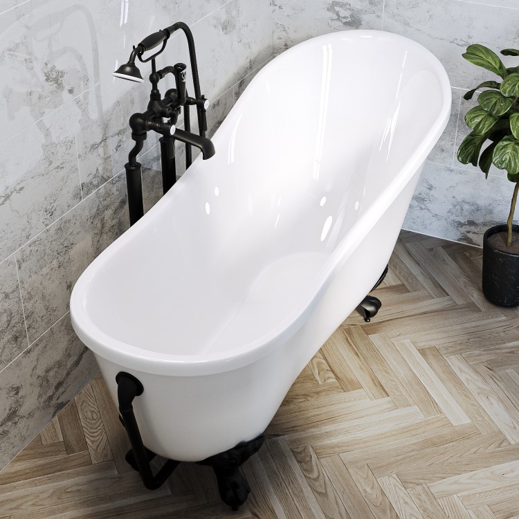 Freestanding Single Ended Roll Top Slipper Bath with Black Feet 1625 x 695mm - Lunar