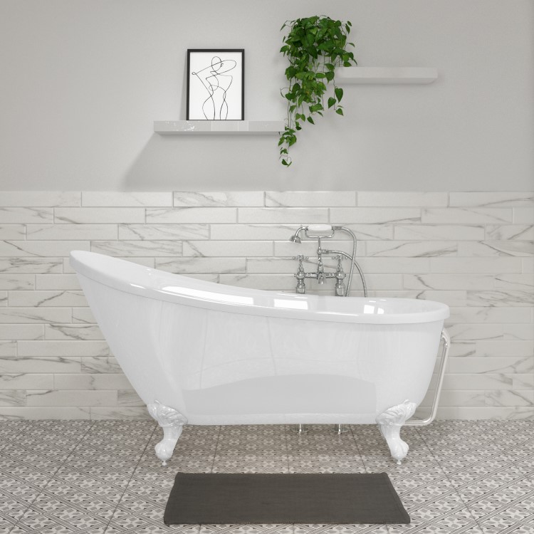 Freestanding Single Ended Roll Top Slipper Bath with White Feet 1625 x 695mm - Lunar