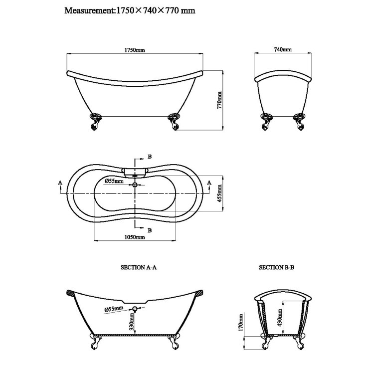 Freestanding Double Ended Roll Top Bath with Chrome Feet 1750 x 740mm - Park Royal