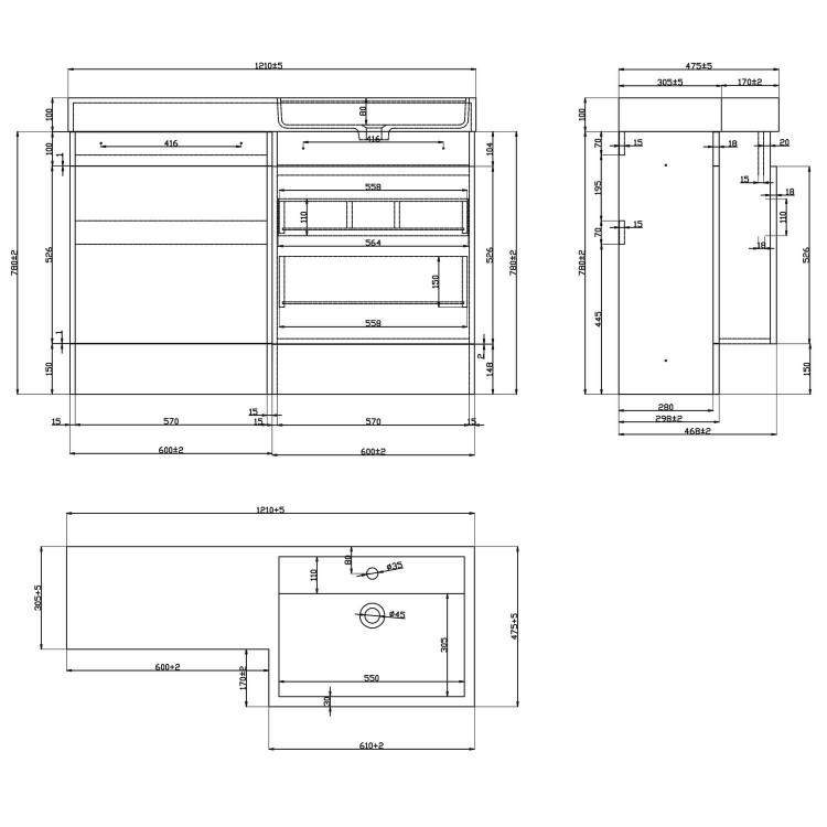 1200mm  White Toilet and Sink Unit Right Hand with Square Toilet - Agora