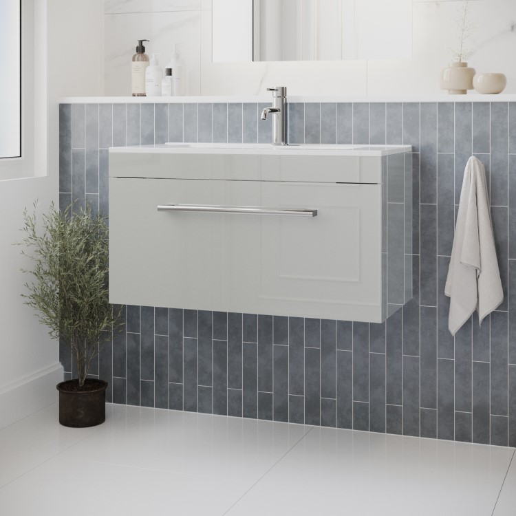 800mm Grey Wall Hung Vanity Unit with Basin and Chrome Handles - Ashford