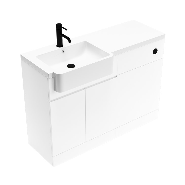 1100mm White Left Hand Toilet and Sink Unit with Square Toilet and Black Fittings - Bali