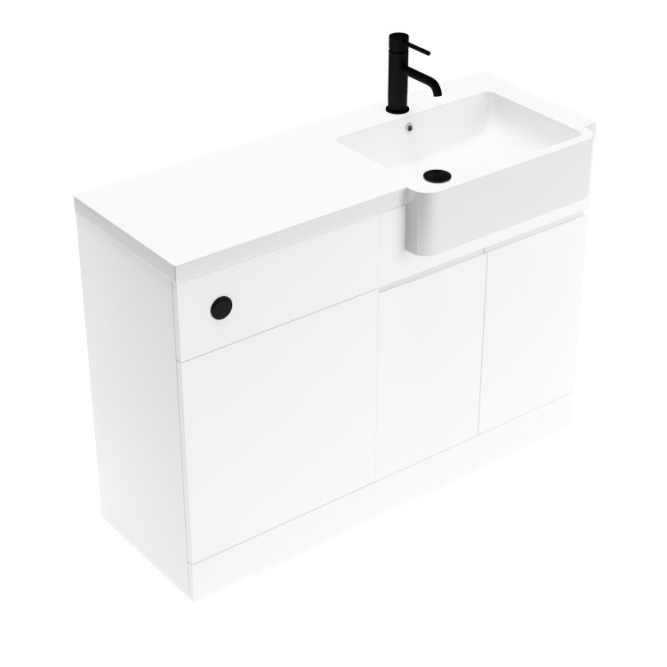 1100mm White Right Hand Toilet and Sink Unit with Square Toilet and Black Fittings - Bali