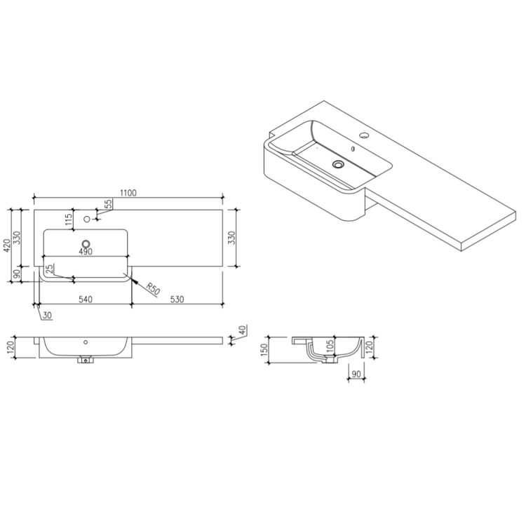 1100mm Grey Right Hand Toilet and Sink Unit with Chrome Fittings - Unit & Basin Only - Bali