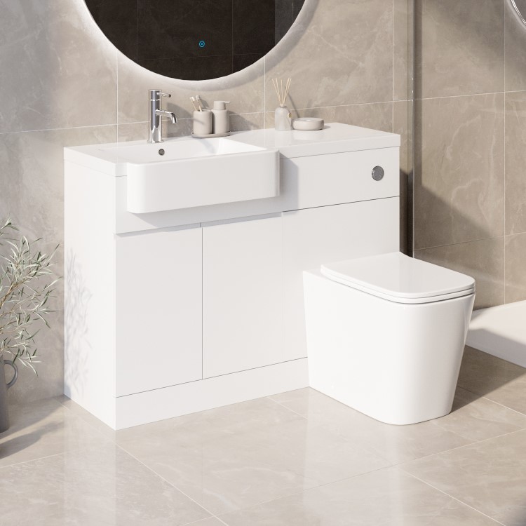 1100mm White Left Hand Toilet and Sink Unit with Square Toilet and Chrome Fittings - Bali