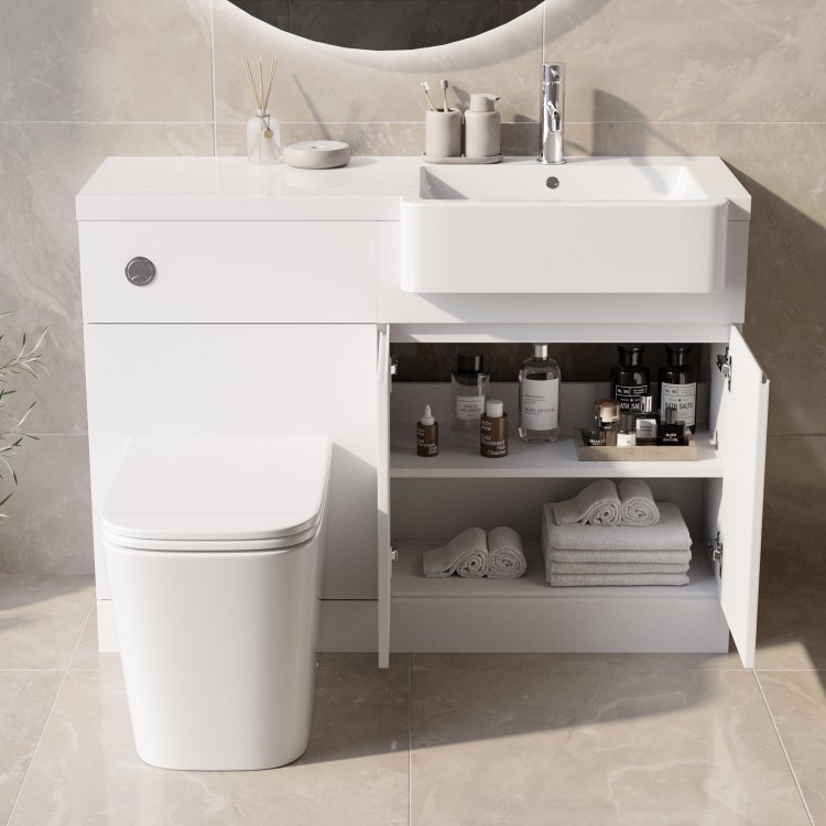 1100mm White Right Hand Toilet and Sink Unit with Square Toilet and Chrome Fittings - Bali