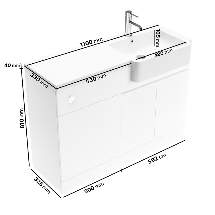 1100mm White Right Hand Toilet and Sink Unit with Square Toilet and Chrome Fittings - Bali