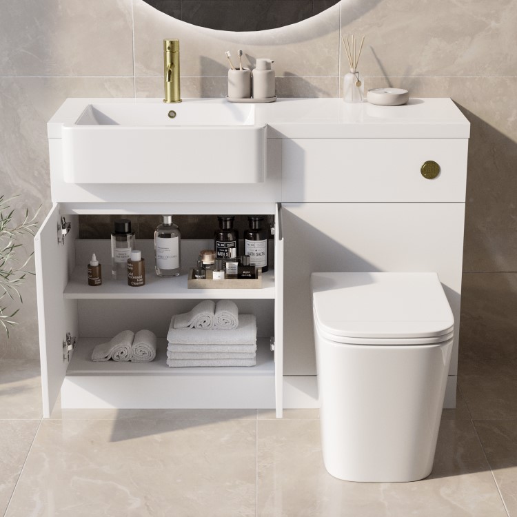 1100mm White Left Hand Toilet and Sink Unit with Square Toilet and Brass Fittings - Bali