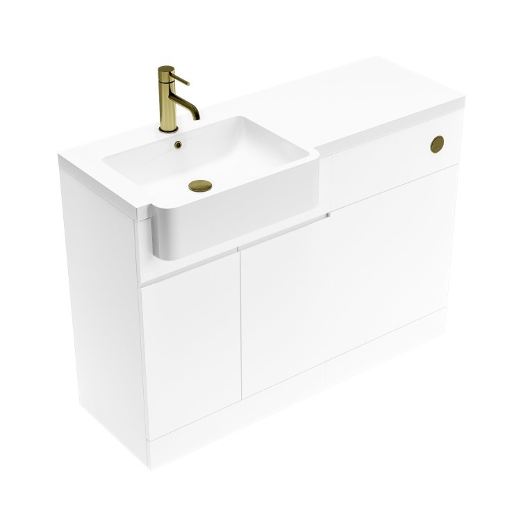 1100mm White Left Hand Toilet and Sink Unit with Brass Fittings - Unit & Basin Only - Bali