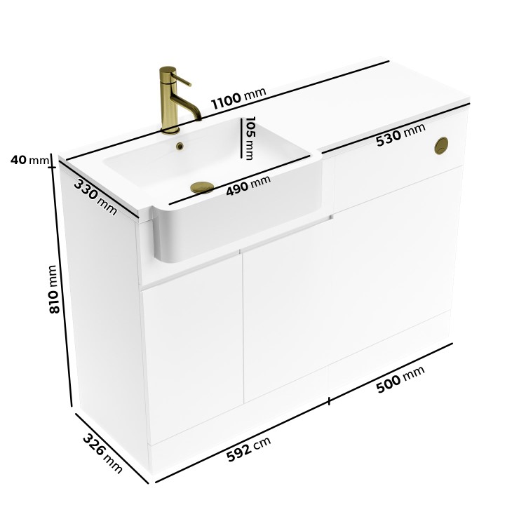 1100mm White Left Hand Toilet and Sink Unit with Square Toilet and Brass Fittings - Bali