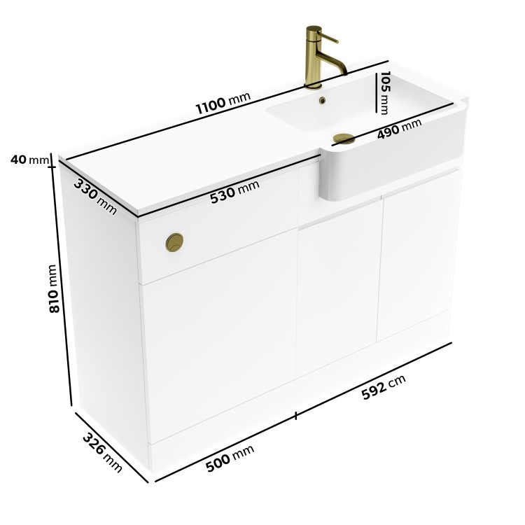 1100mm White Right Hand Toilet and Sink Unit with Brass Fittings - Unit & Basin Only - Bali