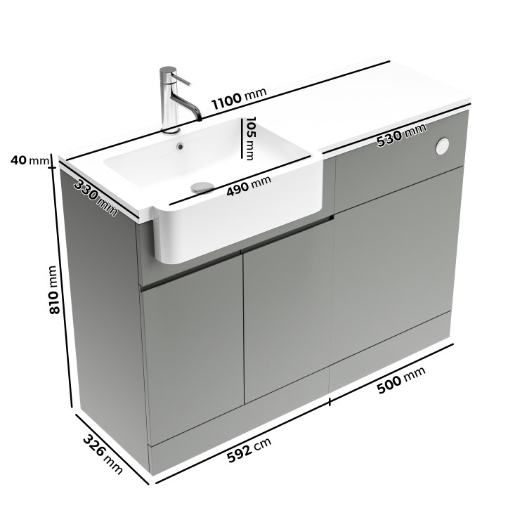 1100mm Grey Left Hand Toilet and Sink Unit with Chrome Fittings - Unit & Basin Only - Bali