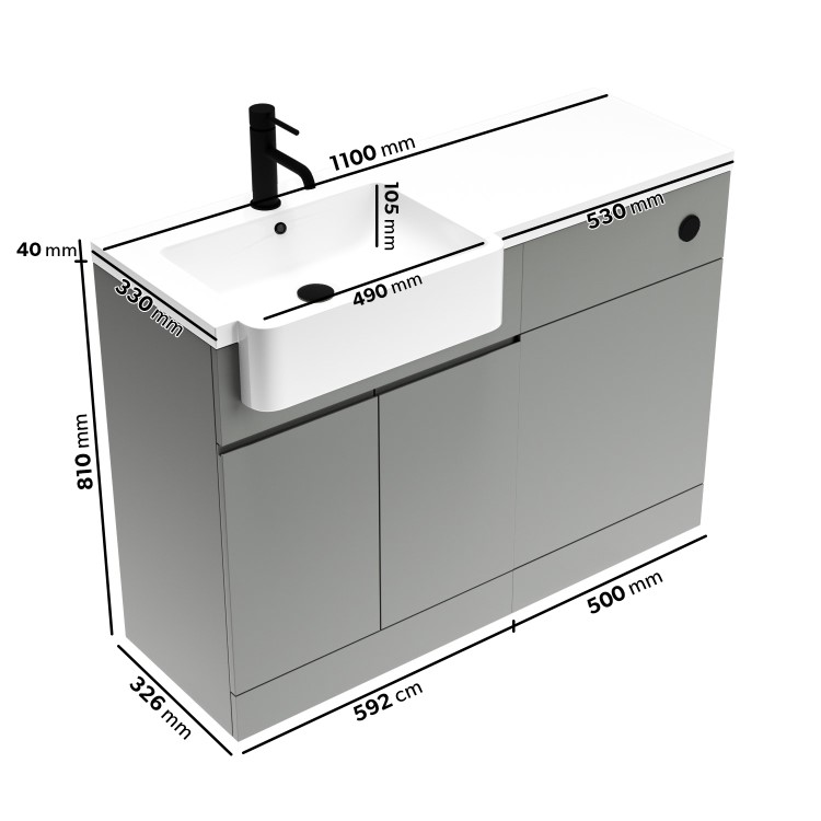 1100mm Grey Left Hand Toilet and Sink Unit with Square Toilet and Black Fittings - Bali