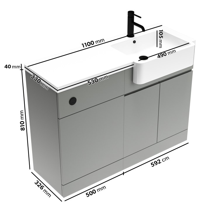 1100mm Grey Right Hand Toilet and Sink Unit with Black Fittings - Unit & Basin Only - Bali