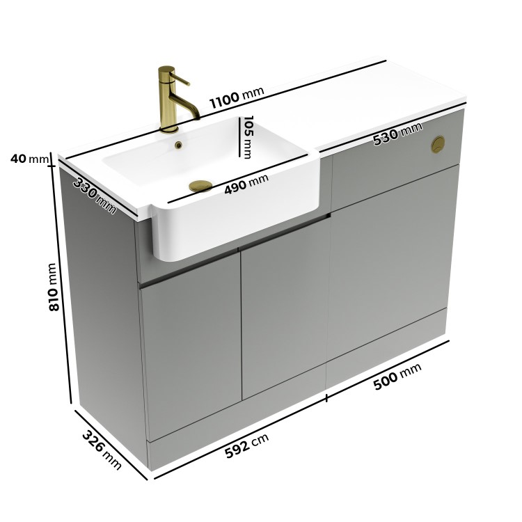 1100mm Grey Left Hand Toilet and Sink Unit with Brass Fittings - Unit & Basin Only - Bali