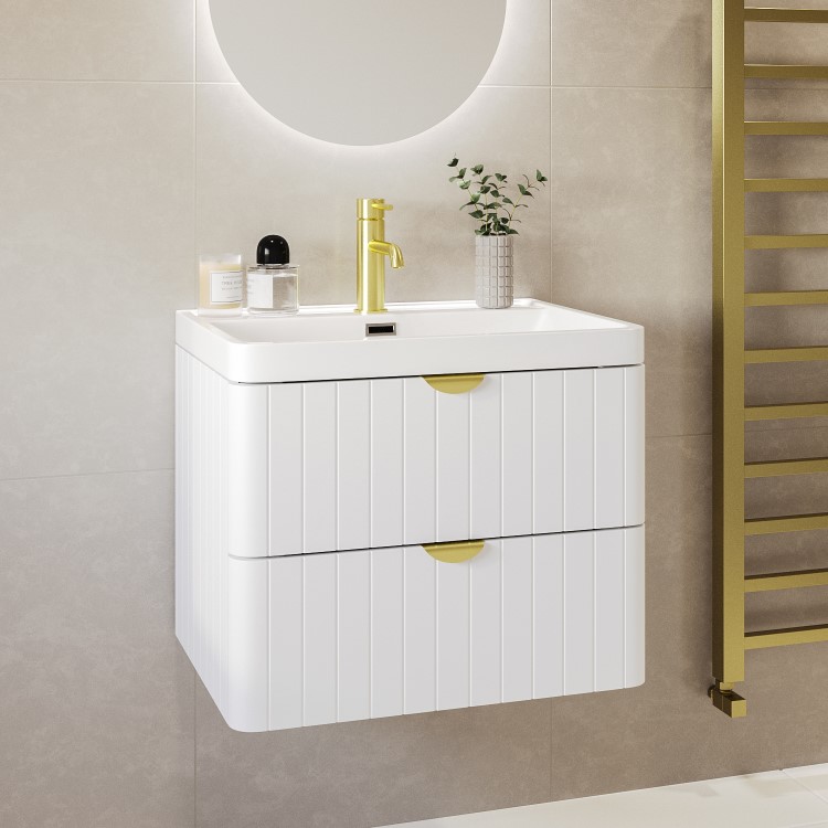 600mm White Wall Hung Vanity Unit with Basin and Brass Handles - Empire