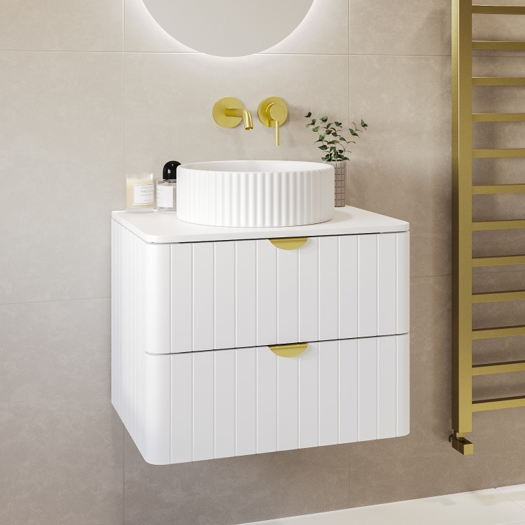 600mm White Wall Hung Countertop Vanity Unit with Basin and Brass Handles - Empire