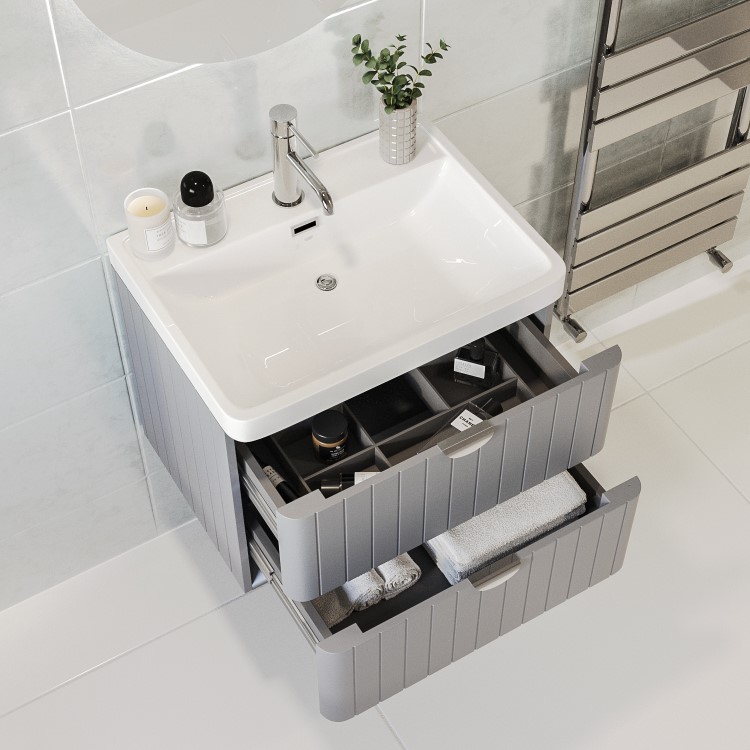 600mm Grey Wall Hung Vanity Unit with Basin and Chrome Handles - Empire