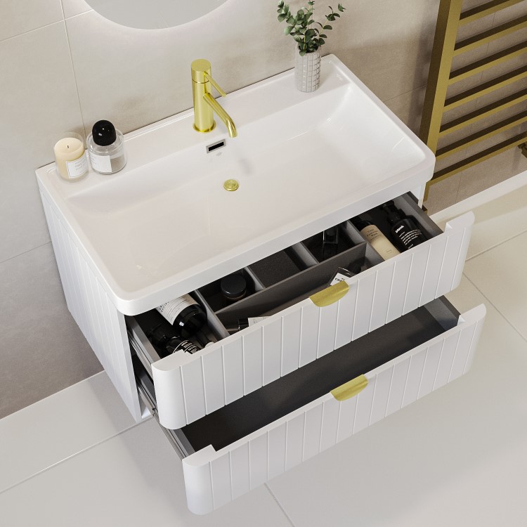 800mm White Wall Hung Vanity Unit with Basin and Brass Handles - Empire