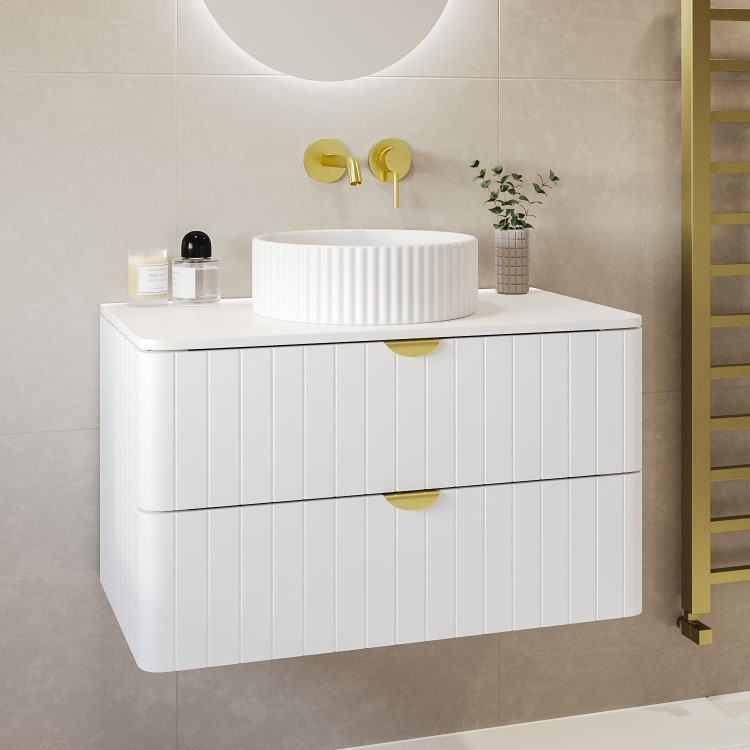 800mm White Wall Hung Countertop Vanity Unit with Basin and Brass Handles - Empire