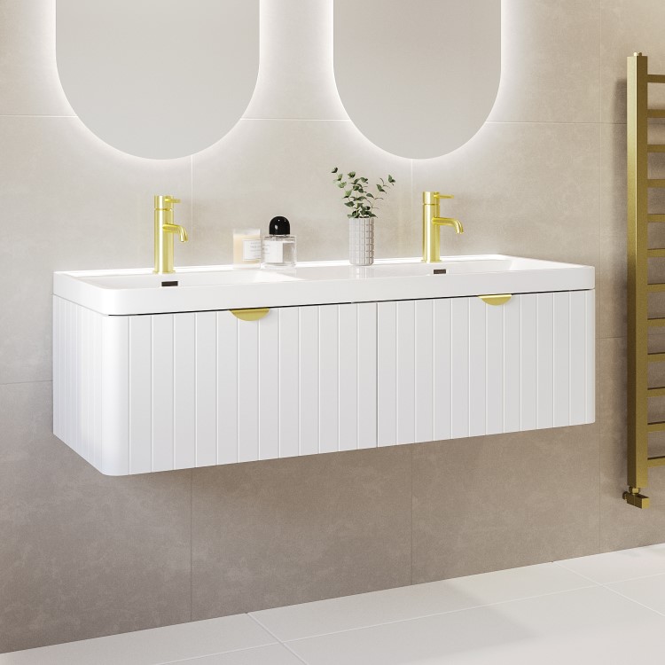 1200mm White Wall Hung Double Vanity Unit with Basins and Brass Handles - Empire