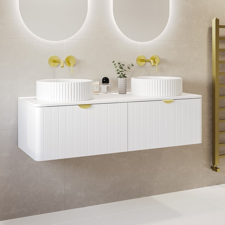 1200mm White Wall Hung Countertop Double Vanity Unit with Basins and Brass Handles - Empire