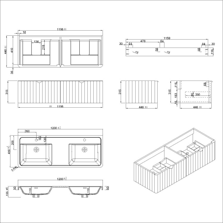 1200mm White Wall Hung Countertop Double Vanity Unit with Basins and Chrome Handles - Empire