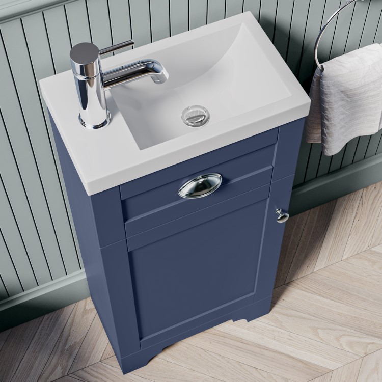 Baxenden Cloakroom Toilet Suite with Blue Floorstanding Vanity Unit and Basin