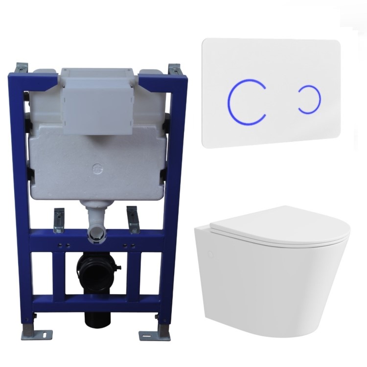 Matt White Wall Hung Rimless Toilet with Soft Close Seat White Glass Sensor Pneumatic Flush Plate 820mm Frame & Cistern - Verona