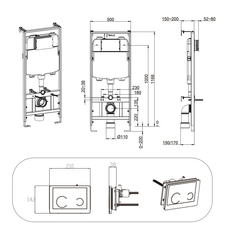 Matt White Wall Hung Rimless Toilet with Soft Close Seat White Glass Sensor Pneumatic Flush Plate 1170mm Frame & Cistern - Verona