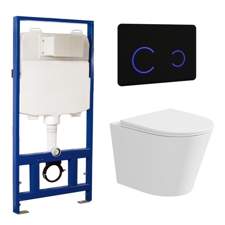 Matt White Wall Hung Rimless Toilet with Soft Close Seat Black Glass Sensor Pneumatic Flush Plate 1170mm Frame & Cistern - Verona