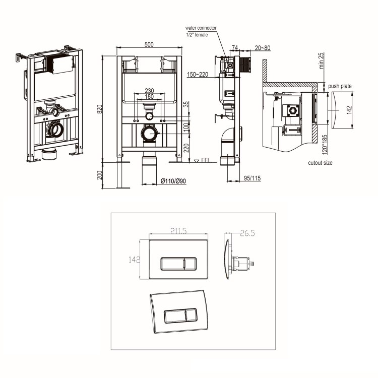 Wall Hung Toilet with Soft Close Seat Chrome Pneumatic Flush Plate 820mm Frame & Cistern - Alcor