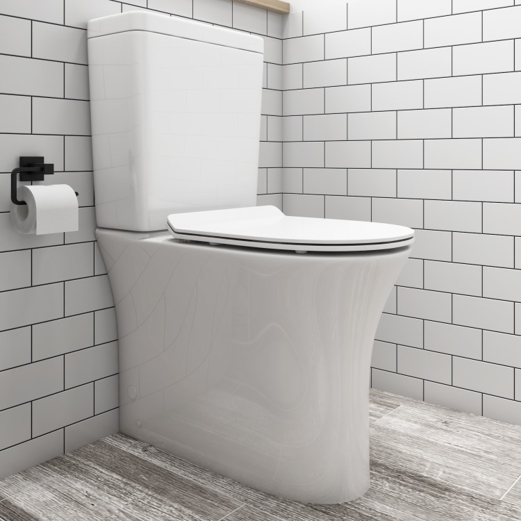 Indiana Rimless Comfort Height CC WC and Soft Close Slim Seat and Detroit Wall Hung Basin Suite