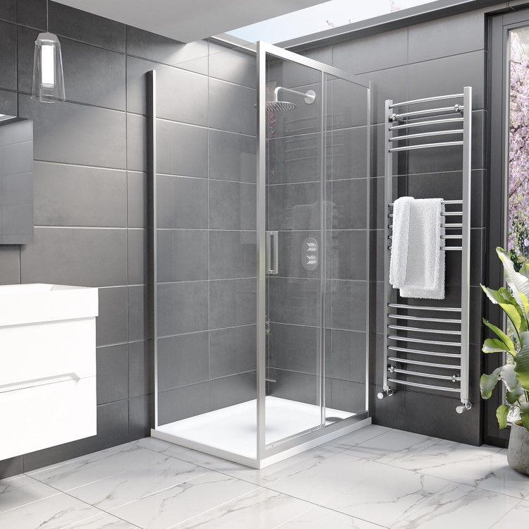 Chrome 8mm Glass Rectangular Sliding Shower Enclosure with Shower Tray 1000x700mm - Pavo