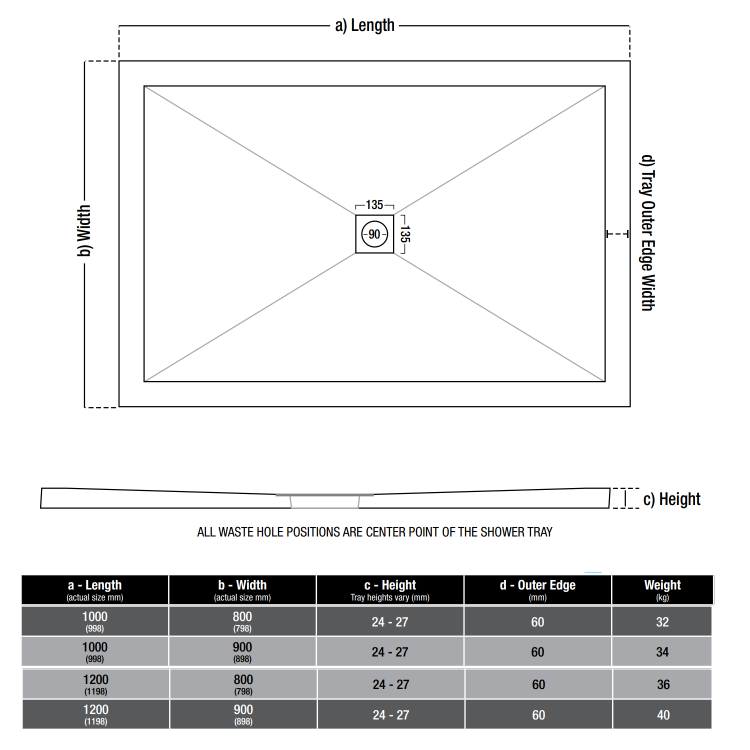 1000x800mm Rectangular Shower Tray with Waste - White Stone Resin Low Profile - Harmony