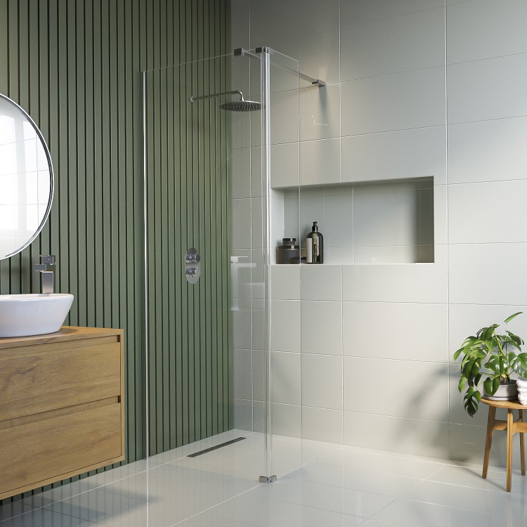 700mm Wet Room Shower Screen Frameless with 300mm Hinged Flipper Panel and Wall Support Bar - Corvus