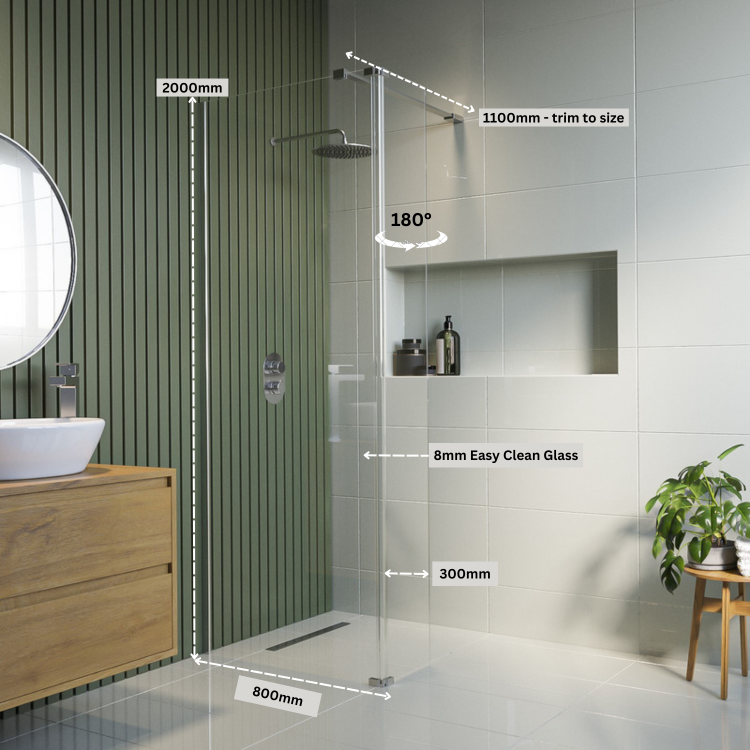 800mm Wet Room Shower Screen Frameless with 300mm Hinged Flipper Panel and Wall Support Bar - Corvus