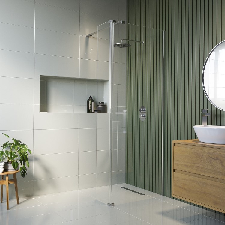 800mm Wet Room Shower Screen Frameless with 300mm Hinged Flipper Panel and Wall Support Bar - Corvus