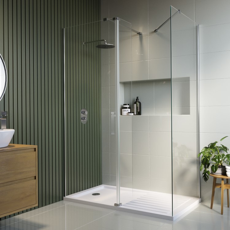 1400x800mm Frameless Wet Room Shower Screen Enclosure with 300mm Hinged Flipper Panel and Shower Tray - Corvus