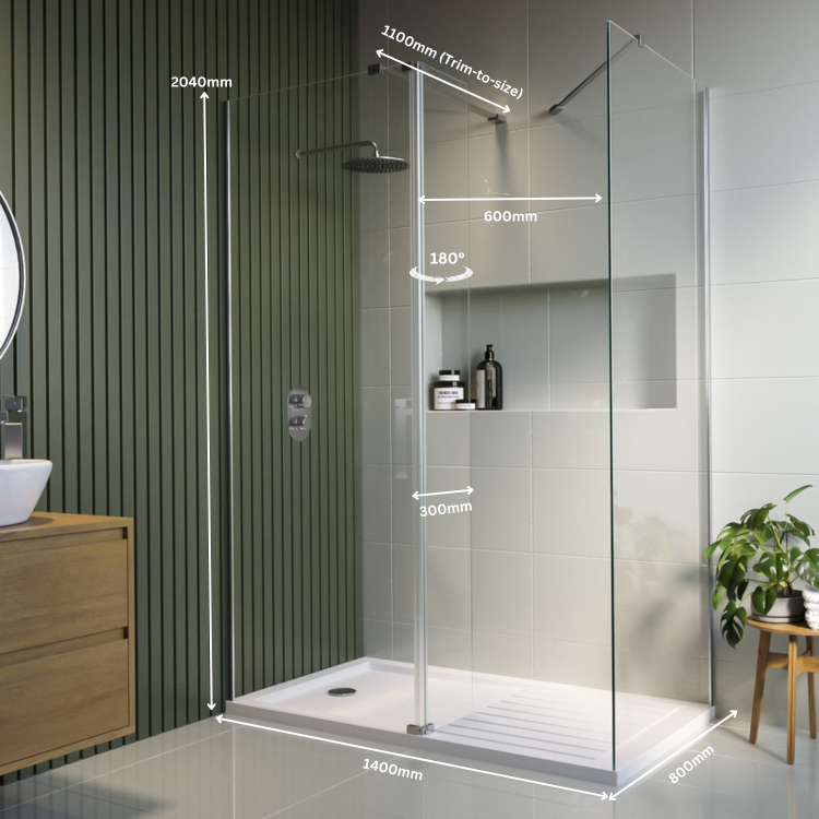 1400x800mm Frameless Wet Room Shower Screen Enclosure with 300mm Hinged Flipper Panel and Shower Tray - Corvus