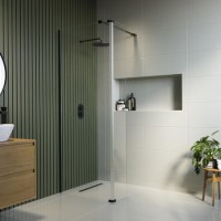 800mm Wet Room Shower Screen Black Frameless with 300mm Hinged Flipper Panel and Wall Support Bar - Corvus