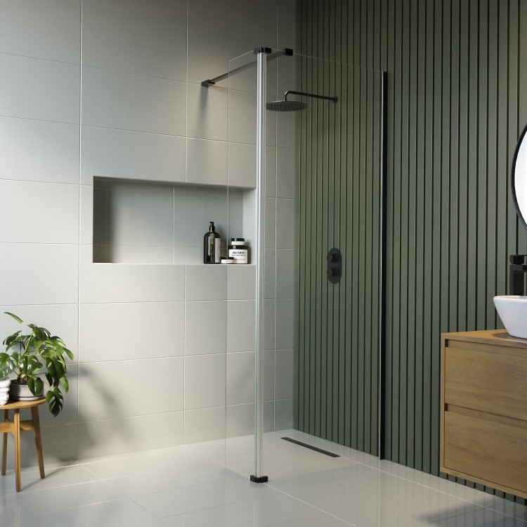 800mm Wet Room Shower Screen Black Frameless with 300mm Hinged Flipper Panel and Wall Support Bar - Corvus