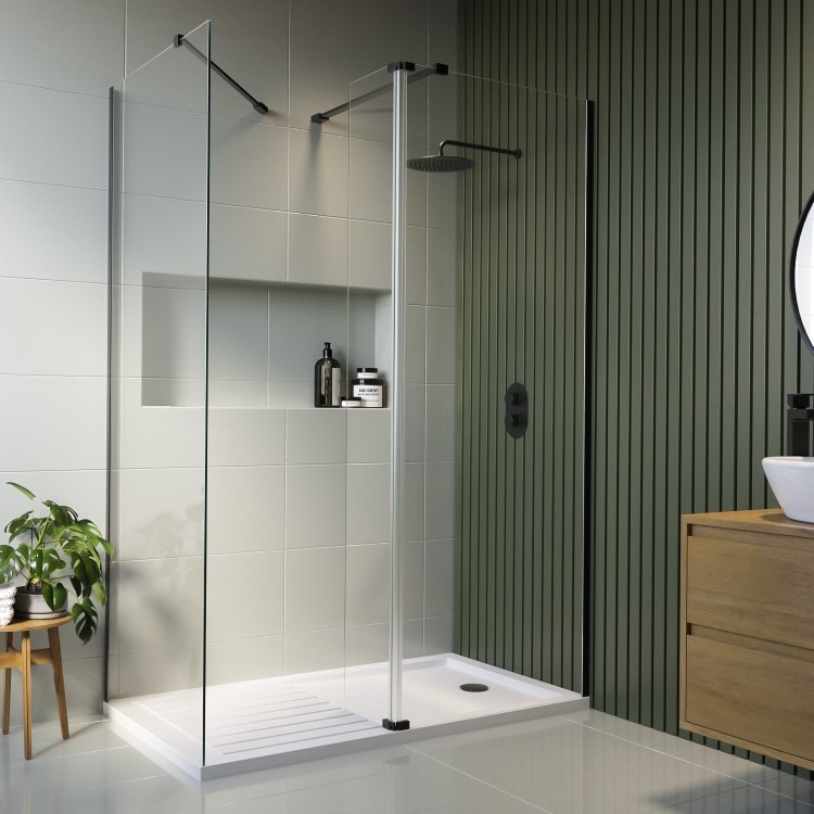 1400x900mm Black Frameless Wet Room Shower Screen Enclosure with 300mm Hinged Flipper Panell and Shower Tray - Corvus