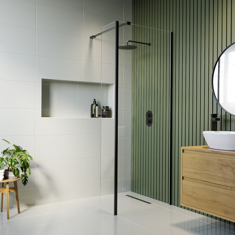 Wet Room Shower Screen 900mm Black Frameless with 300mm Fixed Panel and Wall Support Bar - Corvus